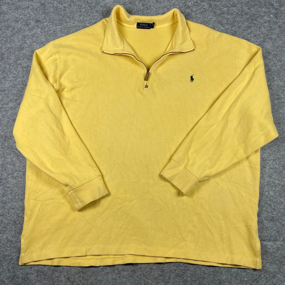 Polo Ralph Lauren 1/4 Zip Sweater Mens 2XB Yellow Ribbed Cotton Preppy Pullover